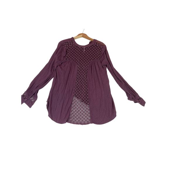 Free People Womens Purple Crochet Back Gauze Long Sleeves Button-Down Top Size S - Picture 2 of 11